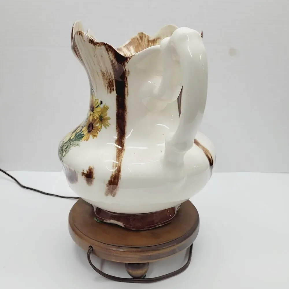 Vtg Table Lamp Water Pitcher Hand Painter Sunflowers Ceramic Wood Base 13